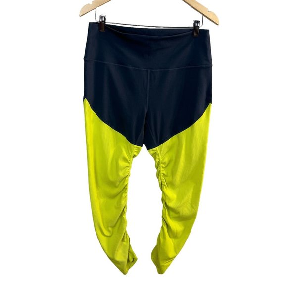 ZYIA Leggings 14 16 Neon Yellow Parallel Luxe High Rise 7/8 Ruched Ribbed Active - Picture 2 of 13